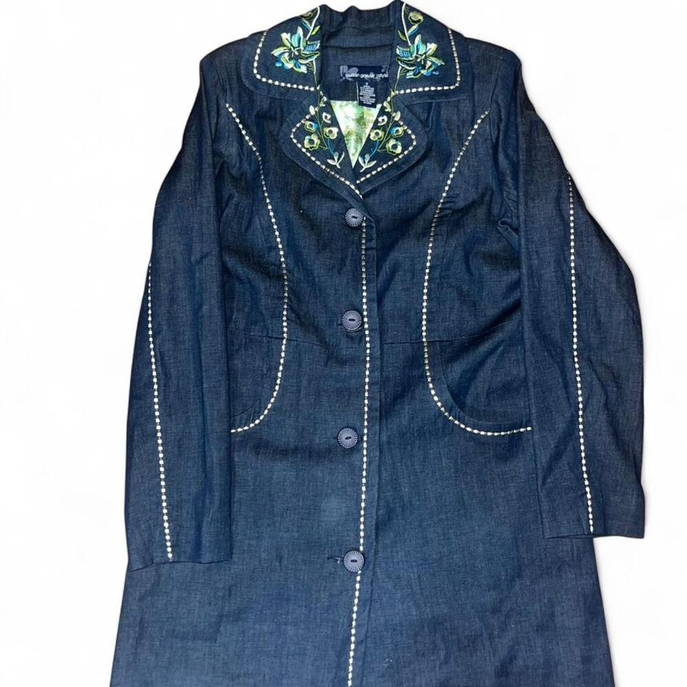 Susan Graver Woman's Long Denim Jacket with Blue Green Floral Embroidery SZ S